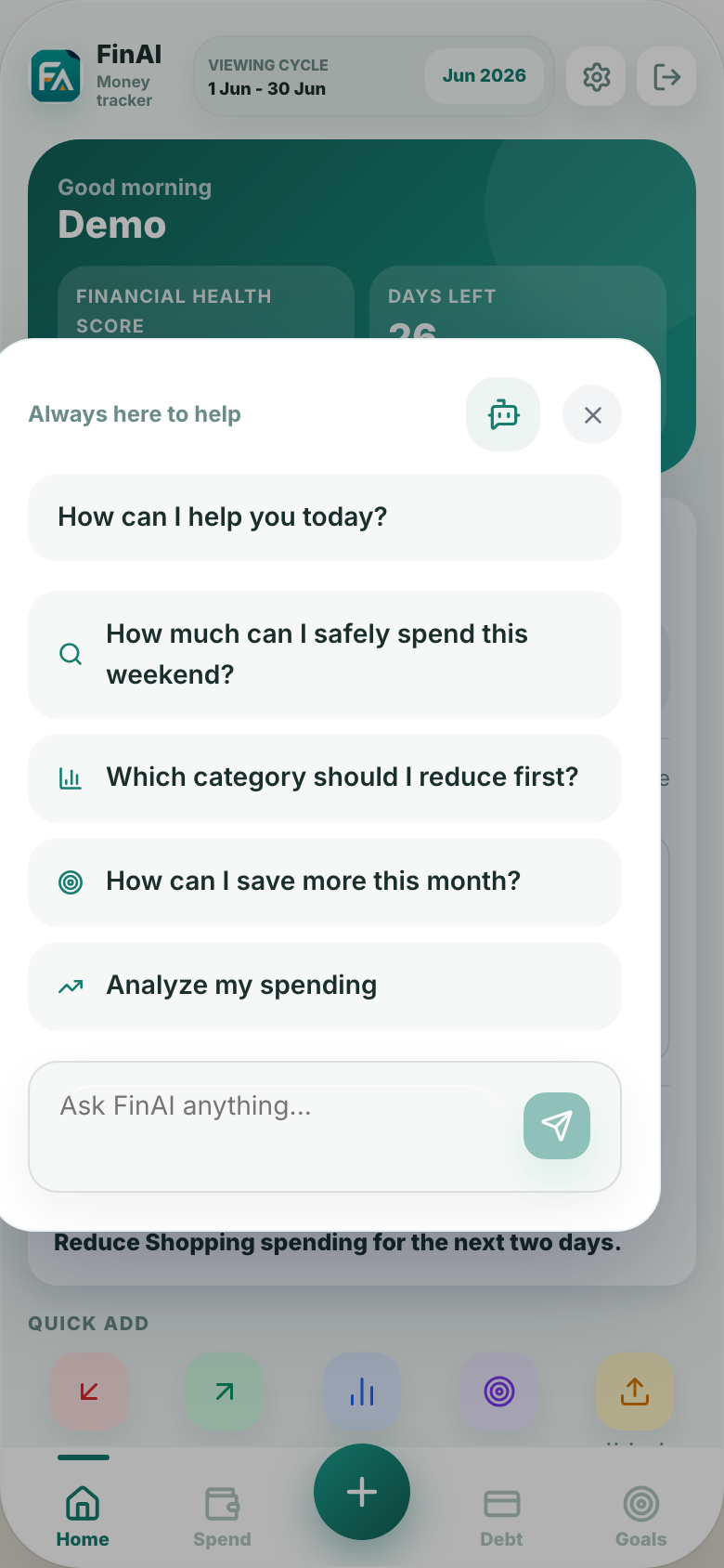 FinAI AI Coach chat with finance prompts and guidance