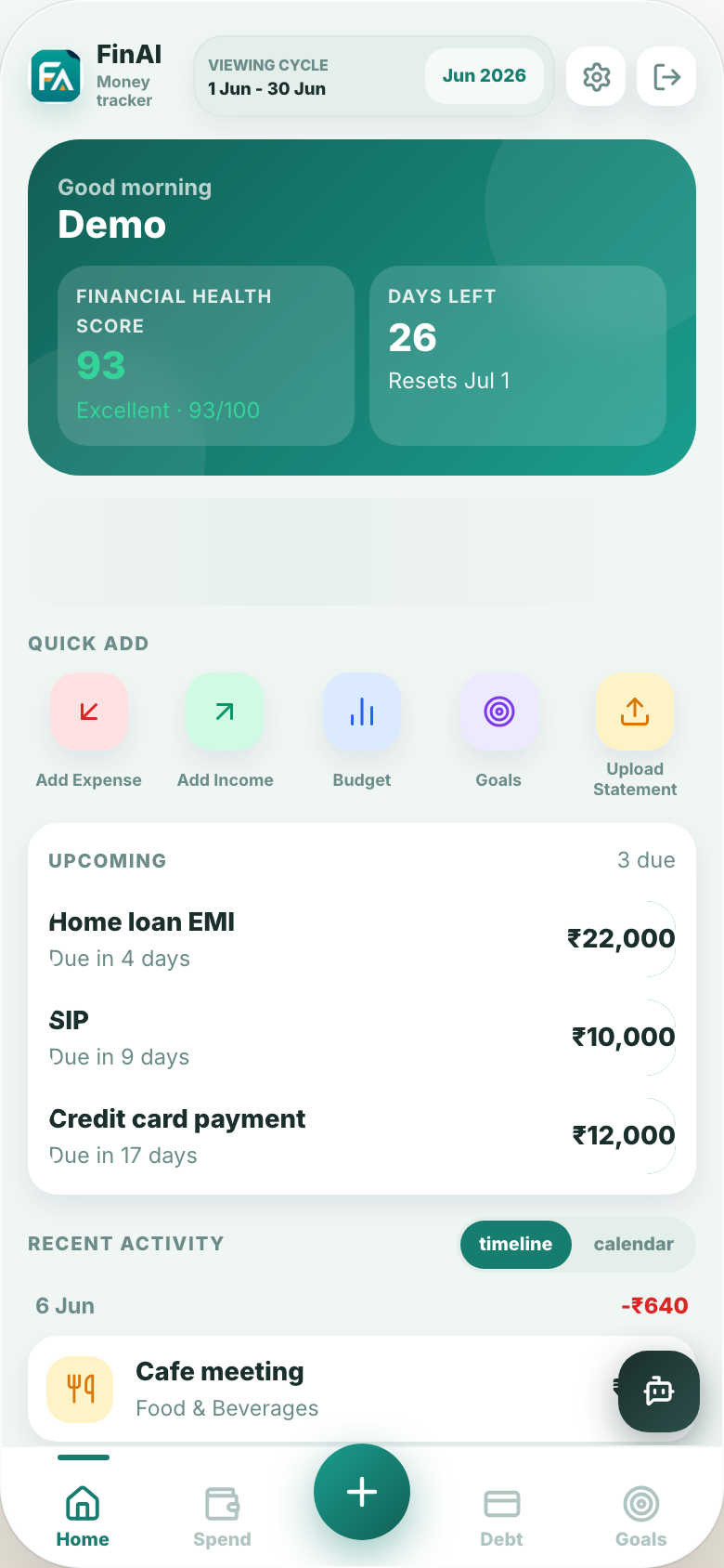 FinAI dashboard showing financial health score, upcoming bills, and recent activity