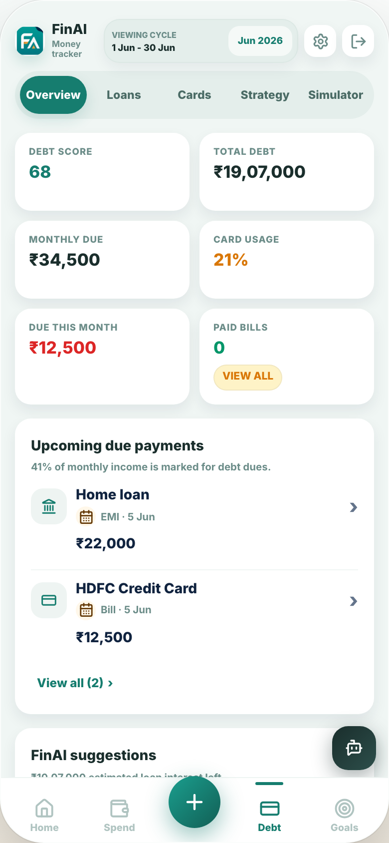 FinAI debt center with loans and credit cards
